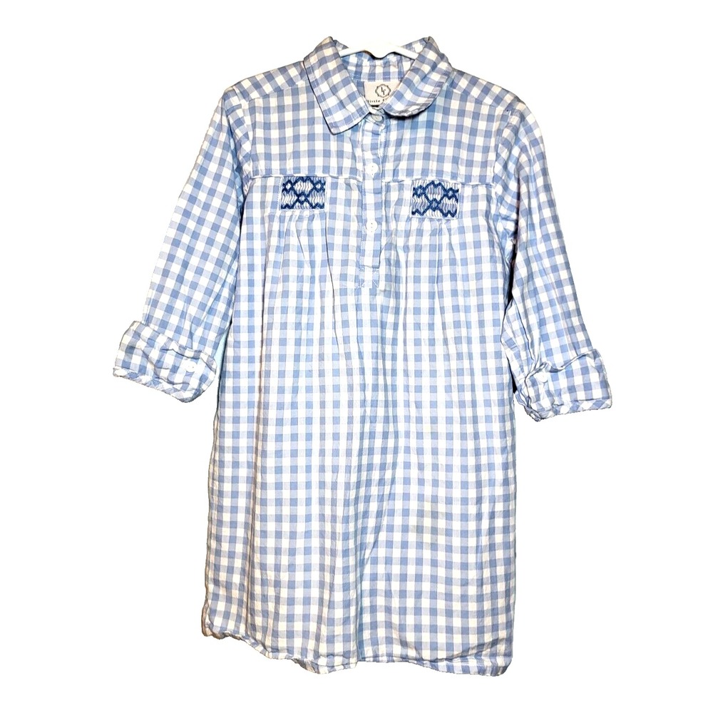 Little Findler Girl Blue Gingham Cotton Dress Smocking Button Front Sleeves Sz 6